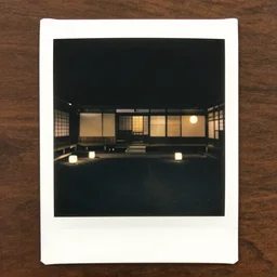 atmospheric polaroid photograph of japanese courtyard at night, illuminated by lamps