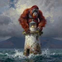 low angle shot of a ruined lighthouse inside storm sea, giant red orangutan climb on top of it, overgrown. soft night - time over the mountains in the background. clouds. highly detailed, cinematic, beautiful, cgsociety, artstation, oil painting by greg rutkowski, by artgerm, by wlop