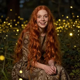 a totally amazed smiling young woman surrounded by golden firefly lights in a mesmerizing scene, sitting amidst nature fully covered! intricate detailed dress, long loose red hair, precise linework, accurate green eyes, small nose with freckles, beautiful smooth oval head, expressive emotions, hyper realistic ultrafine portrait by artemisia gentileschi, jessica rossier, boris vallejo