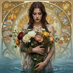 portrait of a beautiful mysterious drenched woman holding a bouquet of flowing flowers, drenched clothing, wet dripping long hair, hands hidden under the bouquet, emerging from the water, fantasy, regal, intricate, by stanley artgerm lau, greg rutkowski, thomas kindkade, alphonse mucha, loish, norman rockwell