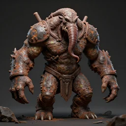 cave troll with worm head, with long arms covered with rust, 8 k, octane render, high detailed, render, zbrush