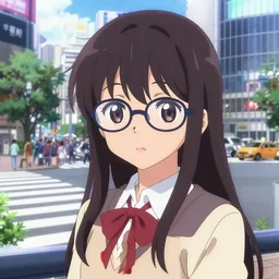 a beautiful kawaii anime girl with glasses, she has dark brown straight long hair with thick fringe, wearing school uniform, character design by akihiko yoshida in the style of your name, background art is tokyo's shibuya crossing in the style of makoto shinkai