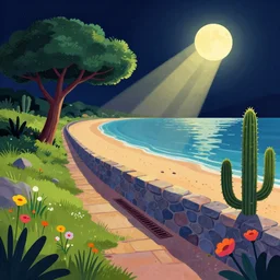 colorful sylvain sarrailh illustration of a dark night view of a beach with a stone wall with a drain to a river, a tree and a cactus , brightly illuminated by rays of moon, wildflowers, artstation