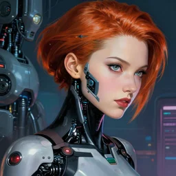cyberpunk screenshot. intense side stare. close face portrait. robotics bg. scene of beautiful pretty lithe feminine cybertronic android painted by norman rockwell. character designed by hideaki anno. bodysuit. lustrous ginger hair. digital. lighting by james gurney. trending on artstation. masterpiece. artgerm mucha rutkowski.