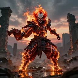 portrait of a diabolical cyborg clown samurai on fire, wearing burning torn cape, dynamic pose, glowing eyes, post apocalyptic ancient ruins, glowing veins subsurface scattering, in clouds, sunset, portrait, by gerald brom, by mikhail vrubel, by peter elson, muted colors, extreme detail, reflections, trending on artstation, 8 k