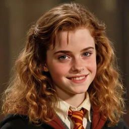 painting. [ young ] emma watson as hermione granger 2 0 0 4. prisoner of azkaban. close up. cheerful. happy. smiling. art by william adolphe bouguereau. during golden hour. extremely detailed. beautiful. 4 k. award winning.