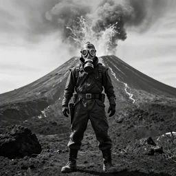 A juggernaut soldier with a gasmask standing in front of an erupting volcano, professional photography, black and white, cinematic, eerie