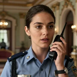 cinematography closeup portrait of a beautiful lady cop talking to her shoulder radio in an decadent mansion foyer by Emmanuel Lubezki