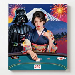 hyperrealistic composition of the detailed woman in a japanese kimono sitting at a extremely detailed poker table with detailed darth vader, fireworks, mountain fuji on the background, pop - art style, jacky tsai style, andy warhol style, acrylic on canvas