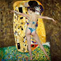 painting of a beautiful woman with her in a bikini modern dance, wide hips, view from behind, highly detailed, by klimt, background by nicolas delort, surreal, dramatic lighting