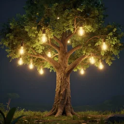 a tree with lightbulbs, unreal 5, artstation