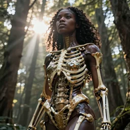 hyperrealistic neoclassical gorgeous black woman highly detailed exoskeleton bone armor in a forest sun behind her god rays concept art eric zener elson peter cinematic low angle hd 8k sharp focus