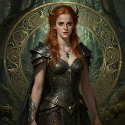 demoness emma watson, female, tabaxi, forest, d & d, fantasy, intricate, elegant, highly detailed, digital painting, artstation, octane render, concept art, matte, sharp focus, illustration, hearthstone, art by artgerm and greg rutkowski and alphonse mucha
