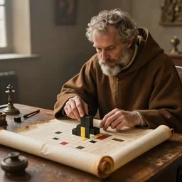a French monk from year 1222 playing tetris on his ancient scroll,  photo realistic, 4k