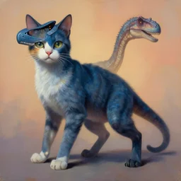 painting of hybrid cat!!!! and ( ( ( ( velociraptor ) ) ) ) fused together, intercrossed animal, by zdzislaw beksinski, by lewis jones, by mattias adolfsson, cold hue's, warm tone gradient background, concept art, digital painting