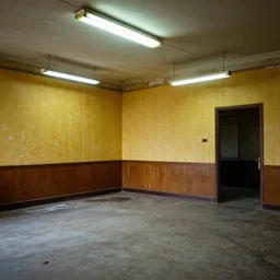 abandoned office building, aging yellow wallpaper, flourescent lights