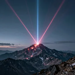mountain being destroyed by laser strike from the sky, 4k render, viewed from a distance