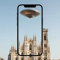 a phone photo of a ufo hovering high up in the sky above a cathedral.