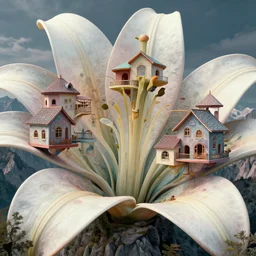 hyperrealistic abstract close-up Renaissance psychedelic!! biotech architecture in the form of a mobius strip on a mountain landscape!!! beautiful fractal!! parts of the house hang as consoles in the form of lily petals, octane render, hd