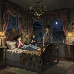 an ornate victorian bedroom at night. 1 8 9 0, key visual, conceptart, ambient lighting, highly detailed, digital painting, artstation, concept art, sharp focus, by makoto shinkai and akihiko yoshida and greg manchess