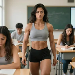 a college latin class, but all the students are jacked musclegirl female muscular buff young women