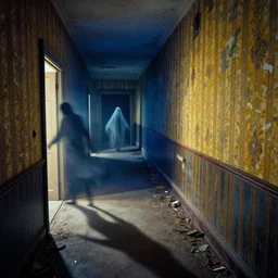 in this ominous scene, we see a long twisting corridor leading to a door with light spilling beneath it, a mysterious ghostly figure passes through old wallpaper, art by bernie wrightson, foreboding, creepy, dusty, abandoned, colorful, blue and gold color scheme, masterpiece, old refuse on the floor, clear silhouette casting a long dark shadow, yellowing wallpaper