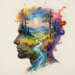 magical paint exploding and flowing like rivers from the artist's art deco head opened to reveal scenery. 8 k octane rendered on artstation. landscape by thomas cole and bob ross in vibrant prismatic hues and shades