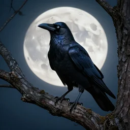 a hyper-detailed fantasy wallpaper book cover, portrait of a crow on a tree in front of the full big moon; an extraordinary masterpiece!!!; flawless; proud posture; photorealistic eyes; trending on artstation; f/1.4; 90mm