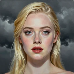 professional painting of Elle Fanning in the style of a Crystal Castles album cover, head and shoulders portrait, symmetrical facial features, smooth, sharp focus, illustration, intricate, stormy weather, extremely detailed masterpiece,