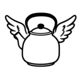 a logo of a kettle with wings, black and white, vector, lineart, simple