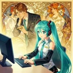hatsune miku using computer, illustration, art by artgerm and greg rutkowski and alphonse mucha