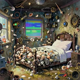painted anime background of the interior of a bedroom in the slums built from various coral seashells and being reclaimed by nature, nostalgia, vaporwave, litter, steampunk, cyberpunk, caustics, anime, vhs distortion, inspired by splatoon by nintendo, art created by miyazaki