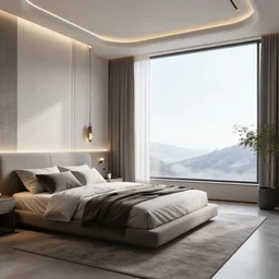 futuristic highly detailed modern bedroom with a nice window view, complex design, realistic, octane render, unreal engine 5, raytracing, volumetric light, trending on artstation