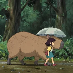 a young girl holding an umbrella with her giant pet capybara walking through the forest, raining, side view, shot from the side, art by hayao miyazaki, studio ghibli film, 4k, hi res, high detail