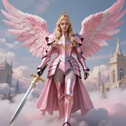 gorgeous!! hyper - realistic princess resembling emilia clarke wearing ornate pink knight armor, angel wings, angemon l holding a long sword | divine, elegant, ethereal, heavenly, clouds, holy city | illustration, intricate, high detail, ultra graphics, daz | drawn by wlop, drawn by jeehyung lee, drawn by artgerm
