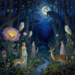 painterly dreamy Kupala Night in the blue night forest with trees which have eyes, giant flowers, glowing owls, deers, beautiful women, lianas, thistles, giant fantasy creatures, a stream and sky with moon and stars by Alphonse Mucha, Ellen Sheidlin, dark fantasy, very detailed oil painting in the alla prima style, volumetric lighting, masterpiece, 8k