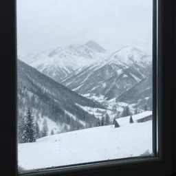 matte painting of view through a rain - soaked window pane into a snowy mountain landscape in the bavarian alps, by albert whitlock, amazing details, beautiful composition, vibrant colors, luminescent, warm hue's
