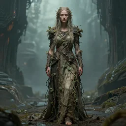 portrait of a beautiful warrior, face, character, perfect expression, subconscious connects, purified consciousness, dressed in long cloth with vines and wires, solarpunk enviroment, full body, ultra realistic, cinematics lights 4 k, fine art, intrincate, artstation, octane render. by peter mohrbacher marc simonetti & anna pode