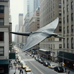 a pterodactyl flying over new york, view from the street by saul leiter