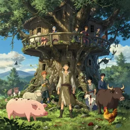 high intricate full shot of an anthropomorphic male druid in a tattered robe below an ancient tree house, pig, sheep, wolf, bull, chicken, covered in blood, maria panfilova, andrea savchenko, mike kime, ludovic plouffe, qi sheng luo, oliver cook, makoto shinkai, trending on artstation