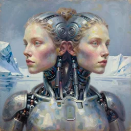 female cyborg with enhanced parts award winning portrait bust symmetry faded tetrachromacy colors arctic background tim hildebrandt wayne barlowe bruce pennington donato giancola larry elmore masterpiece trending on artstation cinematic composition beautiful lighting hyper detailed!!! 8 k oil on canvas