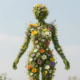 hyper realistic photo human body made of wild flowers