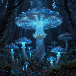 Huge glowing blue mushrooms inside a rainforest, eerie, by Beksinski and Salvador Dali