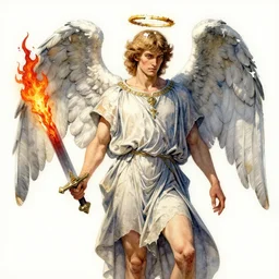 a watercolor ink painting of a archangel with a broken halo wielding a jagged fiery blade in the style of jean giraud in the style of moebius trending on artstation deviantart pinterest detailed realistic hd 8 k high resolution