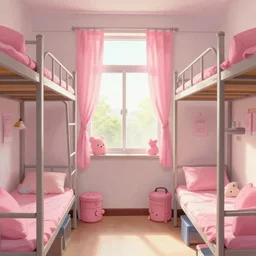 interior of girl's adormitory decorated with pink items, toward the window, great lighting, drawn by greatest artist on artstation.