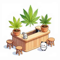 isometric cute cartoon illustration bar, decorated with only cute detailed cannabis leaves in two ceramic pots, tables, utopian simple frontage, 2 cute characters, cute poster, beautiful composition pleasing palette by will barnet, watercolor art, hyperrealistic style, inked digital, render fun cartoon