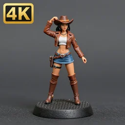 80mm resin detailed miniature of a cow girl, Short brown leather jacket, ten-gallon hat, over-knee boots, navel, on textured disc base; Miniature product Introduction Photos, 4K, Full body