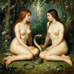 an amazing realistic painting of adam and eve next to a beautiful snake in the beautiful garden of eden, painting by ilya repin, amazing detail, beautiful art, smooth, elegant, intricate, vibrant