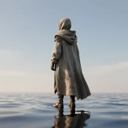 a render of a small character from skyrim with a long fabric cloak looking at the sky. there is shiny a liquid reflecting everything from below. 8 k, unreal engine, blender, vaporwareaesthetics, trending on artstation