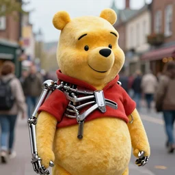 very detailed color photograph of  winnie the pooh as the terminator endoskeleton on a busy street